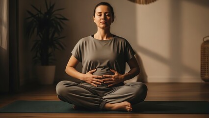 Woman practicing gentle morning stretches on a serene yoga mat in a peaceful indoor setting