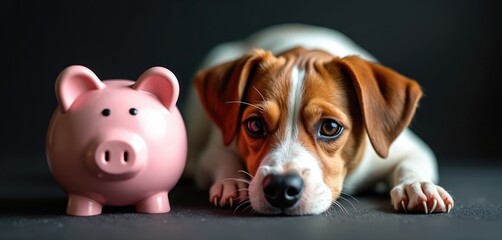 Dog and pink piggy bank rest side by side. Cute puppy looks at camera, near savings pot. Loyalty, finance, pet care concept. Adorable animal friendship.