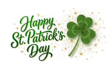Happy St. Patrick's Day green lettering with realistic shamrock and golden sparkles on white background