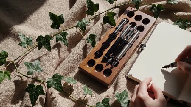 Elegant Fountain Pen Writing On Paper In The Sunlight And Foliage Ambiance