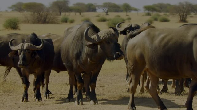 A herd of African buffaloes peacefully grazing in the vast savanna, embodying the wild beauty of Africa Stock Video