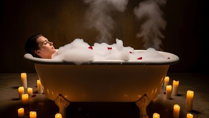 A serene woman relaxes in a warm bathtub surrounded by candles and rising steam