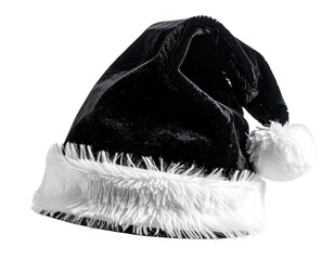 Black velvet Santa hat with white fur trim and pom-pom, isolated