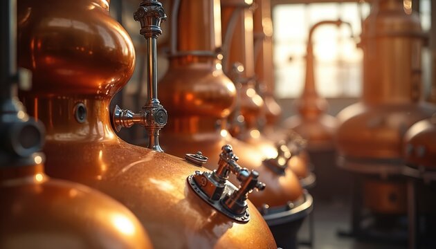 Rows of shiny copper distillation stills used in whiskey alcohol production. Industrial equipment set up in factory workshop, with sunlight filtering through windows, creating warm glow on metal