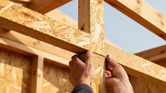 Closeup medium shot of hands fitting biodegradable beams into a structure emphasizing the use of natural renewable resources in construction frameworks.