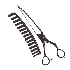 Hairdressing scissors and comb for barbershop or salon. Minimalist beauty tool and styling supplies. Haircut and coiffure concept.