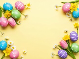 Colorful easter eggs and flowers on yellow background