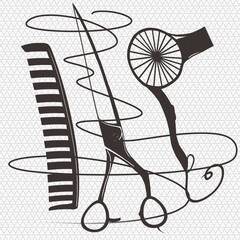 Salon tools with comb, scissor, and hair dryer. Professional barber equipment. Hairdressing illustration for beauty and styling concept.