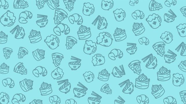 Cute hand drawn food doodle pattern featuring pizza, noodles, coffee, and desserts. Seamless looping animation background perfect for motion graphics, food branding, menu videos, and social content.