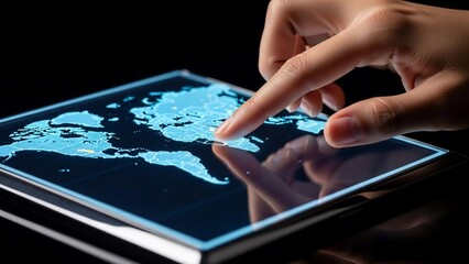 Hand Interacting with Digital Tablet Displaying World Map.