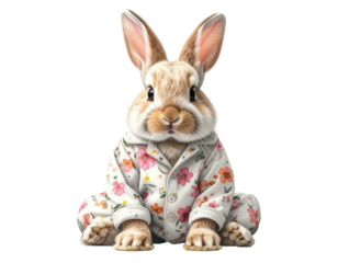Fluffy bunny sits wearing floral pajamas on a black background
