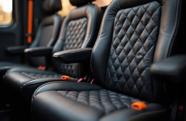 Fototapeta premium Luxury passenger bus interior with plush black leather diamond-stitched seats and orange accents. Comfortable seating for travel. Custom van design.