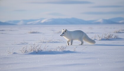 Majestic Arctic Fox Walking Gracefully Across a Snowy Landscape Under a Clear Blue Sky