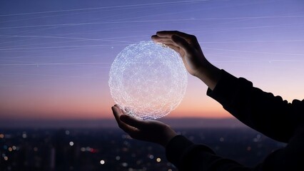 Hands Holding Glass Globe at Dusk.