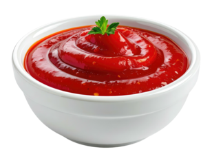 Swirled red condiment in a white bowl with green garnish
