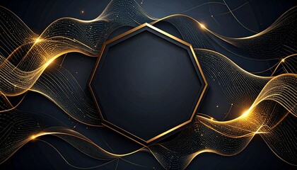 Elegant gold hexagonal frame with dynamic glowing lines on dark background
