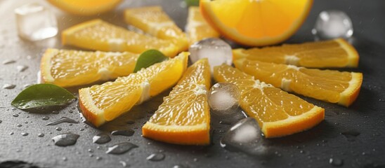 Freshly Cut Orange Slices with Ice Cubes and Green Leaves on Dark Surface