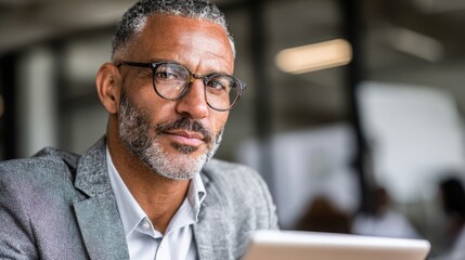 Medium shot of a confident buyer reviewing customized leasing plans on a tablet emphasizing personalized payment solutions with a blurred office environment.
