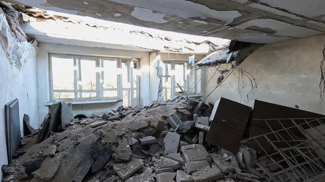 POV walking through a destroyed building showing holes in the roof between floors, blown out doors and shrapnel holes in walls after a drone or bomb strike.