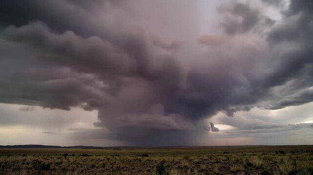 Dramatic wide shot of a rotating mesocyclone storm cloud forming over vast open plains, showcasing extreme weather conditions, powerful atmosphere and cinematic storm dynamics