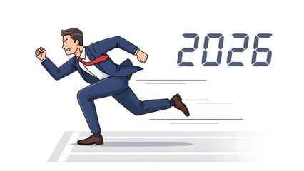 Animated illustration of a businessman running from a 2026 starting line, symbolizing ambition, future goals, career growth, speed, and business momentum.