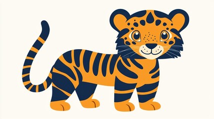 Cute cartoon tiger, cheerful expression, simple design, for children's media