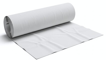 Rolled white canvas material partially unrolled on a white surface, ready for artistic projects and design. isolated on white background