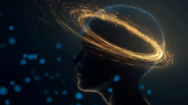 Abstract human head silhouette formed by particles with flowing golden energy lines, symbolizing mind, consciousness and artificial intelligence in a futuristic digital concept