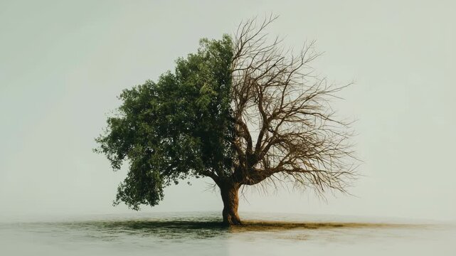 A solitary tree divided between lush green foliage and bare branches in a minimalist landscape, symbolizing contrast, balance, life and decay. Conceptual climate change