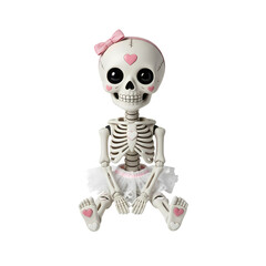 Cute baby skeleton with pink bow and tutu, isolated subject cut-out