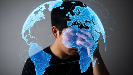 Man with digital globe on his face.