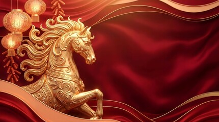 Ornate Sculpted Gold Horse on Red Silk Waves Lunar New Year