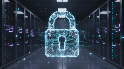 3D digital padlock of data fragments, glowing in a dark server room.