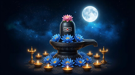 Divine illustration of black shiva lingam decorated with blue and pink lotus flowers and lit oil lamps against a cosmic blue night sky background