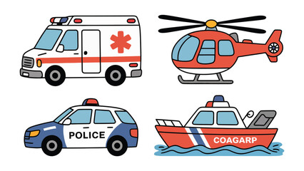 Emergency vehicles icon set: A comprehensive set of essential emergency vehicles are meticulously illustrated, including an ambulance, a helicopter, a police car, and a rescue boat. © mstmahmuda