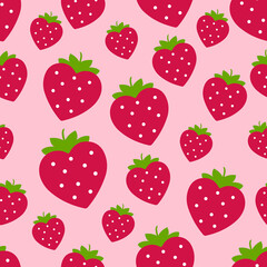 Cute Heart-Shaped Strawberry Seamless Pattern on Pink Background