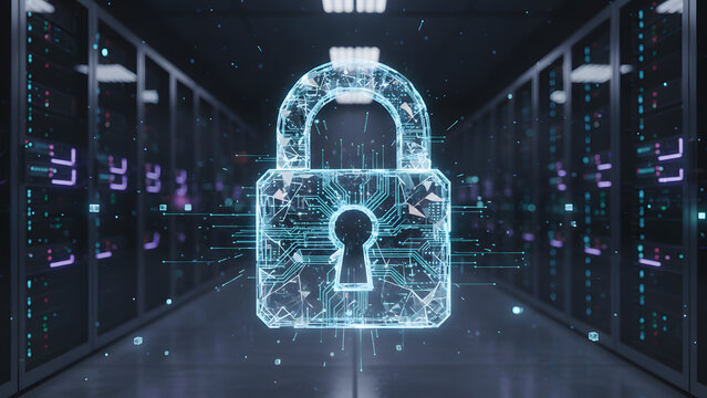 3D digital padlock of data fragments, glowing in a dark server room. - Powered by Adobe