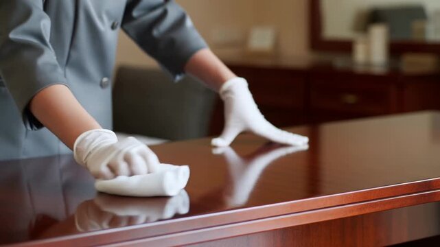 A person is wiping down a smooth, polished wooden surface with a white cloth, maintaining cleanliness Stock Video
