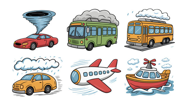 Transportation and Weather: Illustration of various vehicles and weather effects, from a car caught in a tornado to a boat sailing on a rainy sea.