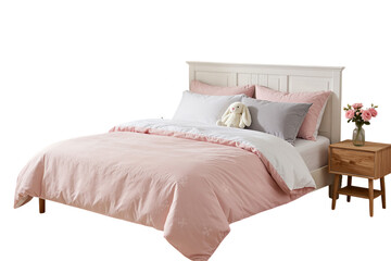 Cozy pink bed with pillows and plush toy