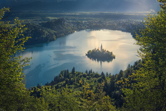 View of an island church rising majestically from a placid lake ringed by verdant forests under a soft, sun-kissed sky, Bled, Radovljica, Slovenia.