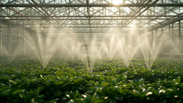 Indoor greenhouse with overhead irrigation sprinklers watering rows of green plants