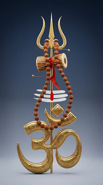 Golden lord shiva trident spear with small drum and holy beads hanging over large metal om symbol and white forehead stripes for hinduism religious background
