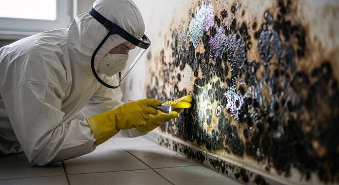 Scientist in protective gear analyzing mold or bacterial growth on wall with magnifying glass in laboratory environment for research and testing purposes