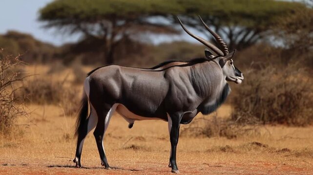 Magnificent oryx standing proudly in a savanna landscape, displaying its long, curved horns and impressive physique. The image evokes a sense of the wild and untamed wilderness Stock Video