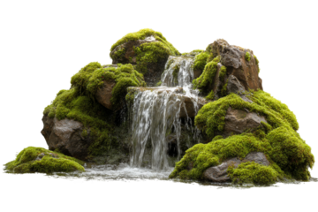 Close up of small waterfall on mossy rocks isolated on transparent background