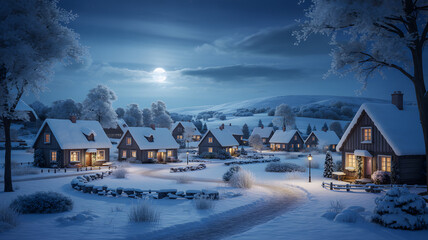 Snowy village at night with warmly lit cottages and moonlight