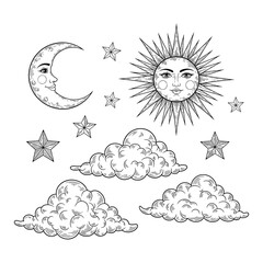 Sun, Moon and Stars Line Art Set &ndash; Vintage Celestial Faces with Clouds in Black and White Hand‑Drawn Illustration