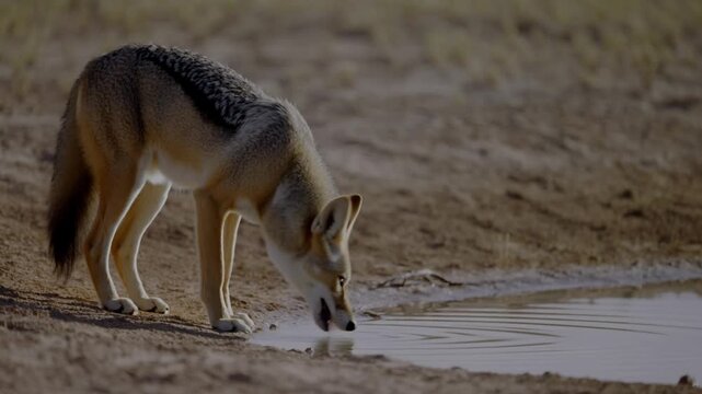 A jackal drinking water at the edge of a watering hole in a dry, desert landscape Stock Video