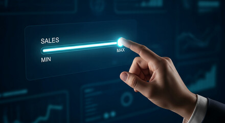 Hand adjusting glowing slider labeled "Sales" from "Min" to "Max" on interface, symbolizing business growth, success, and achievement of target goals